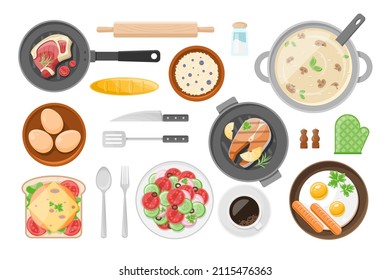 Collection fresh homemade delicious tasty food in serving plates and cutlery top view vector flat illustration. Appetizing breakfast, lunch, dinner. Beef steak, eggs, porridge, vegetanle salad, coffee