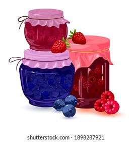 Collection of fresh homemade strawberry, blueberry and raspberry jelly canned in jars. Vector dietary food, curative and vitaminized tea, syrup idea isolated on white background