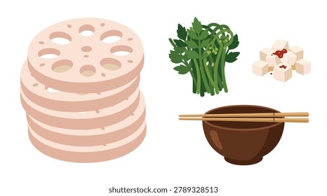 A collection of fresh ingredients including sliced lotus root, green vegetables, and chopped garlic, alongside a bowl and chopsticks, suggesting a healthy meal preparation.