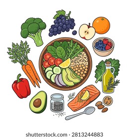 A collection of fresh ingredients including vegetables, fruits, salmon, and a salad bowl arranged in a circle on a white background
