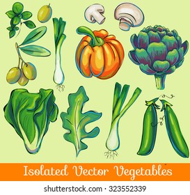 A collection of fresh isolated vector vegetables, hand drawn graphic art illustration