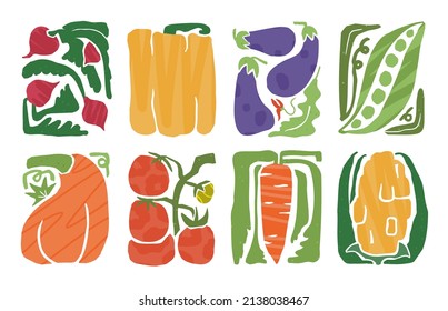 Collection of fresh and juicy vegetables. Different garden greens in paper cut naive illustrations. Print for packaging, poster, wallpaper, cover, wrapping in linotype trendy style. All items isolated