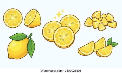 Collection of fresh lemon fruit slices and whole fruits with refreshment ingredient illustration