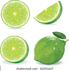 Collection Fresh lime and slice, Isolated on white background.vector