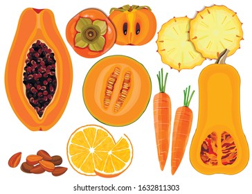 Collection of fresh orange color vegetables and fruits raw on white background