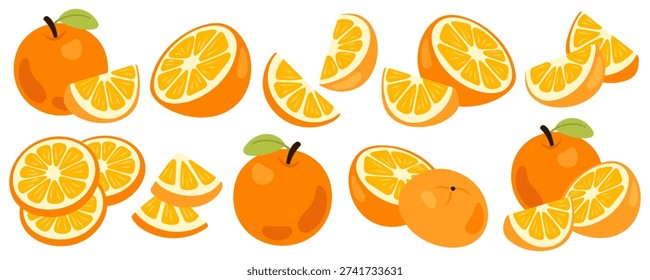 Collection of Fresh Orange Fruit vectors, whole, halved, and sliced pieces