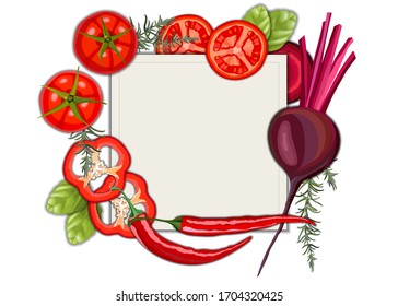 Collection of fresh red color vegetables and fruits raw on white background