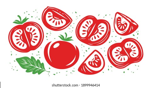 Collection of fresh red tomatoes. Half, slice of tomato