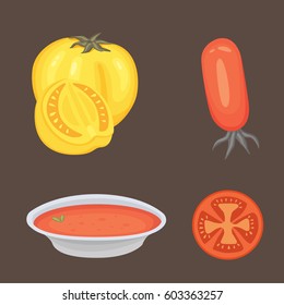 Collection of fresh red tomatoes and soup vector illustrations. Half, slice, cherry tomato.