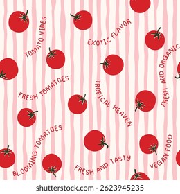 Sammlung von frischen roten Tomaten Vektorgrafik. Streifen Muster Tomaten. Nahtlose Vorlage mit Tomatensymbol einzeln auf weißem Hintergrund. Für Lebensmitteldesign, Hülle, Verpackung, Papier, Stoff.