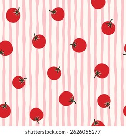 Collection of fresh red tomatoes vector illustration. Stripe Pattern tomatoes. Seamless template with tomato icon isolated on white background. For food design, cover, packaging, paper, fabric.