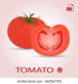 Collection of fresh red tomatoes vector illustrations. Half a tomato, a slice of tomato