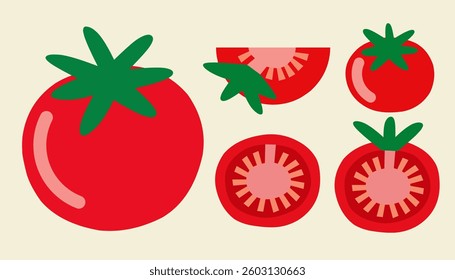 A collection of fresh tomatoes in various basic cuts, including whole, halved and sliced ​​illustrations. Perfect for vibrant and stylish vegetable-themed designs.