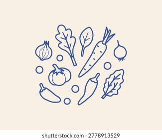 Collection of fresh vegetables and leafy greens scattered around in a circular pattern hand drawn illustration line art white background chili pepper vegetables illustration minimalist