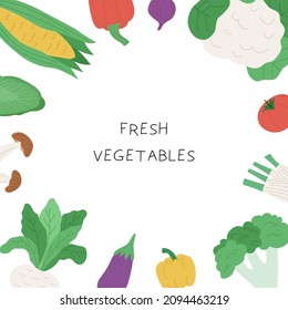 Colección de verduras frescas. Diseño de plantilla cuadrada para medios sociales, mercado de verduras, volante, impresión, envasado, tarjeta. El concepto de jardinería o agricultura. Ilustración plana vectorial.