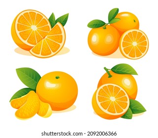 Collection of fresh whole, half and cut slice orange fruits isolated on a white background