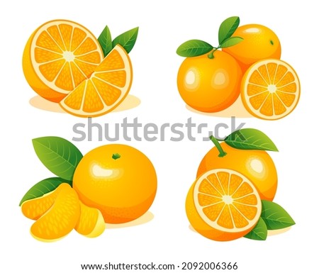Collection of fresh whole, half and cut slice orange fruits isolated on a white background