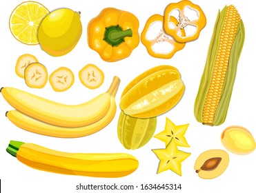 Collection of fresh yellow color vegetables and fruits raw on white background