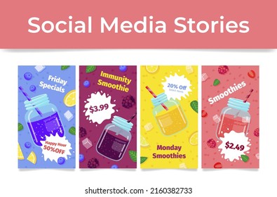 Collection friday specials smoothie immunity drink social media stories template vector illustration. Set healthy fruits beverage marketing offer price sale discount internet content business poster