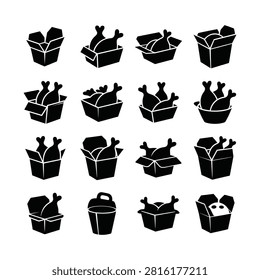 Collection of fried chicken leg silhouettes in takeout boxes and buckets for fast food menu and packaging design elements.