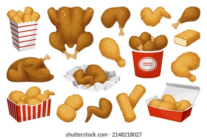 Collection fried chicken meat fast food cafe menu vector flat illustration. Roast wings, legs, fillet, strips, nuggets in crispy spicy breadcrumbs isolated. Tasty fat meal snack hot fresh cookery