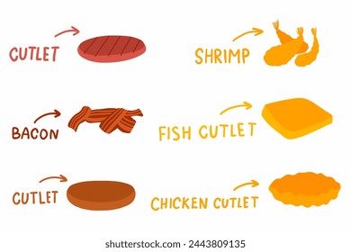 Collection of fried cutlets for burger and sandwich in hand drawn cartoon flat style. Beef, pork, chicken, fish, shrimp and bacon cutlets. Vector illustration isolated on white background. For menu.