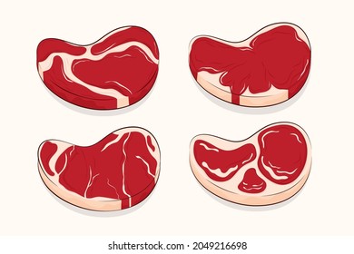 Collection of fried steaks. Beef tenderloin. Pork knuckle. Slice of steak, fresh meat. Uncooked pork chop