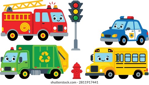 A collection of friendly anthropomorphic city vehicles with smiling faces, including a fire engine, police car, school bus, and recycling truck. This vector set is ideal for children's educational materials, nursery decor, and toy design.
