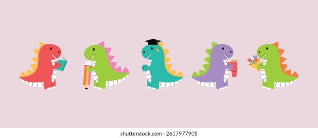 collection of friendly dinosaur reading book, cute dinosaur cartoon holding pencil, wearing graduation hat, tumbler glass, and flower bouquet illustration vector