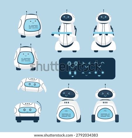 Collection of friendly robot characters designed for digital interfaces. Set of various poses, emotional facial expressions and UI elements. Modern, helpful and smart assistant. vector illustration