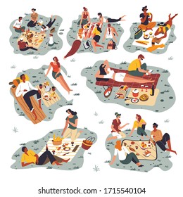Collection of friends gathered for picnic to eat and talk. Outdoors activities in summer, sunbathing and having conversation outside. Set of characters relaxing in springtime, vector in flat