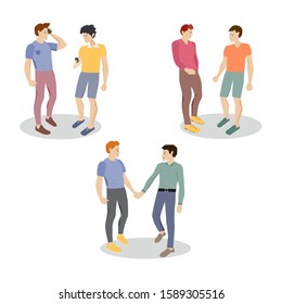 Collection of friends spending time together.Vector illustration of friendly young guy in casual clothes.The concept of several movements and emotions.Flat young man  in a denim shorts and sneakers.
