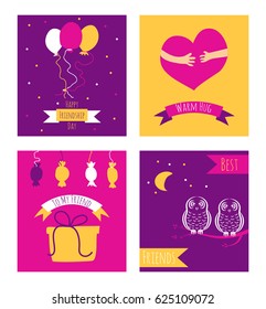 Collection of friendship day card templates. Stock vector illustration of greeting banners on warm relations and friends theme.
