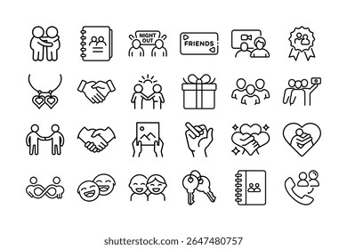 A collection of friendship and relationship icons in a minimalist line art style.