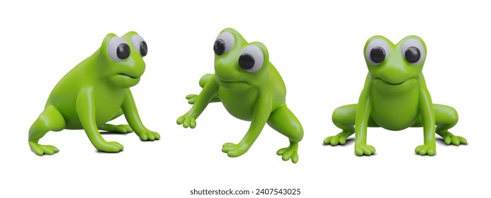 Collection with frog in different positions. Cartoon character sitting and ready to jump. Realistic cute frog model. Vector illustration in 3d style with white background