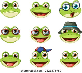 Collection of Frogs Faces in Cartoon Style illustration