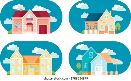 colección de casas planas frontales sobre fondo con cielo azul y nubes