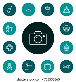Collection Of Front View Tram, Photo, Building And Other Elements.  Set Of 13 Journey Outline Icons Set. 