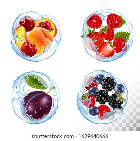 Collection of fruit and berries in a water splash. Cherry, peach, raspberry, plum, strawberry. Vector.