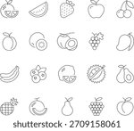 A collection of fruit icons with editable strokes, featuring a clean, modern line art style suitable for various design projects.