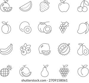 Eine Sammlung von Frucht-Icons mit editierbaren Strichen, mit einem sauberen, modernen Linien-Art-Stil geeignet für verschiedene Design-Projekte.