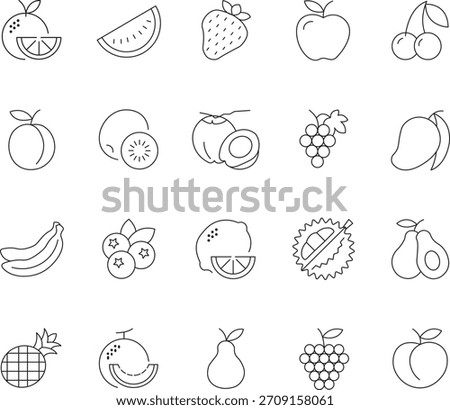 A collection of fruit icons with editable strokes, featuring a clean, modern line art style suitable for various design projects.
