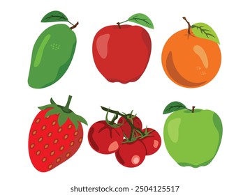 A collection of fruit illustration images consisting of apples, strawberries, mangoes, oranges and tomato, vector files and easy to edit