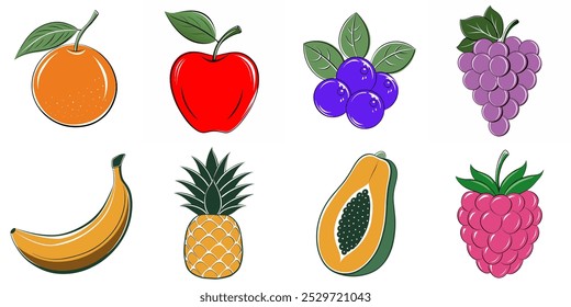 A collection of fruit images, including apples, oranges, grapes, and bananas. The images are colorful and playful, with each fruit having a unique design. Scene is cheerful and inviting