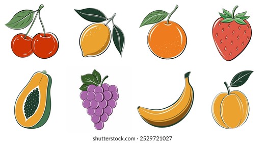 Eine Sammlung von Bildern von Früchten, darunter Kirschen, Orangen und Bananen. Die Bilder sind farbenfroh und verspielt, mit einem Fokus auf die Früchte selbst