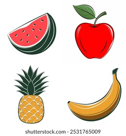 A collection of fruit images, including a watermelon, an apple, a banana, and a pineapple