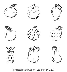 colección de iconos de línea de fruta. naranja, mangostino, mango, manzanas, sandía, fresa, piña, guayaba, pera. mínimo, delgado, simple. utilizado para icono, emblema, logotipo, símbolo, signo, impresión