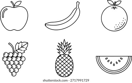 colección de íconos de la línea de fruta que incluyen manzana, plátano, naranja, uvas, piña y sandía