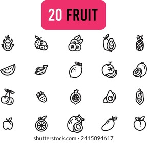 Collection of fruit linear icons. Set of avocado, lemon symbols drawn with thin contour lines. 
