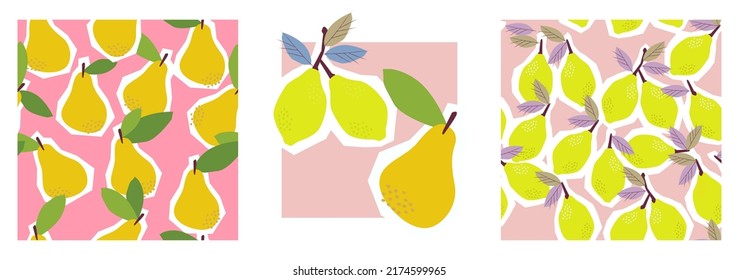 Collection of fruit patterns. Of Sicilian Lemon and Pears. 2 prints and more vector illustration of fruits. Fun, happy. Tropical citrus, ideal for fabrics or wrapping paper. Texture background design